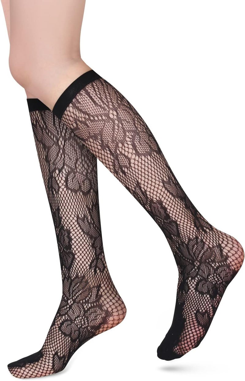 Benefeet Sox Womens Fishnet Knee High Socks White Black Lace Mesh Sexy Stockings Hollow Out Sheer Tube Calf Sock - Image 1